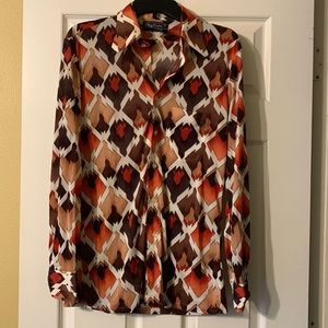 70’s Vintage Designer Oleg Cassini Abstract Earth Tones Button Front Blouse